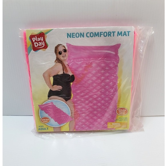 Play Day Neon Comfort Mat Inflatable Pool Float Lounger with‎ Pillow Adult - Picture 1 of 6